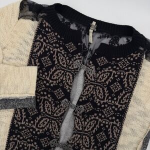 BKE Black Beige Women's Lace Fair Isle Knit Cardigan‎ Sweater Large